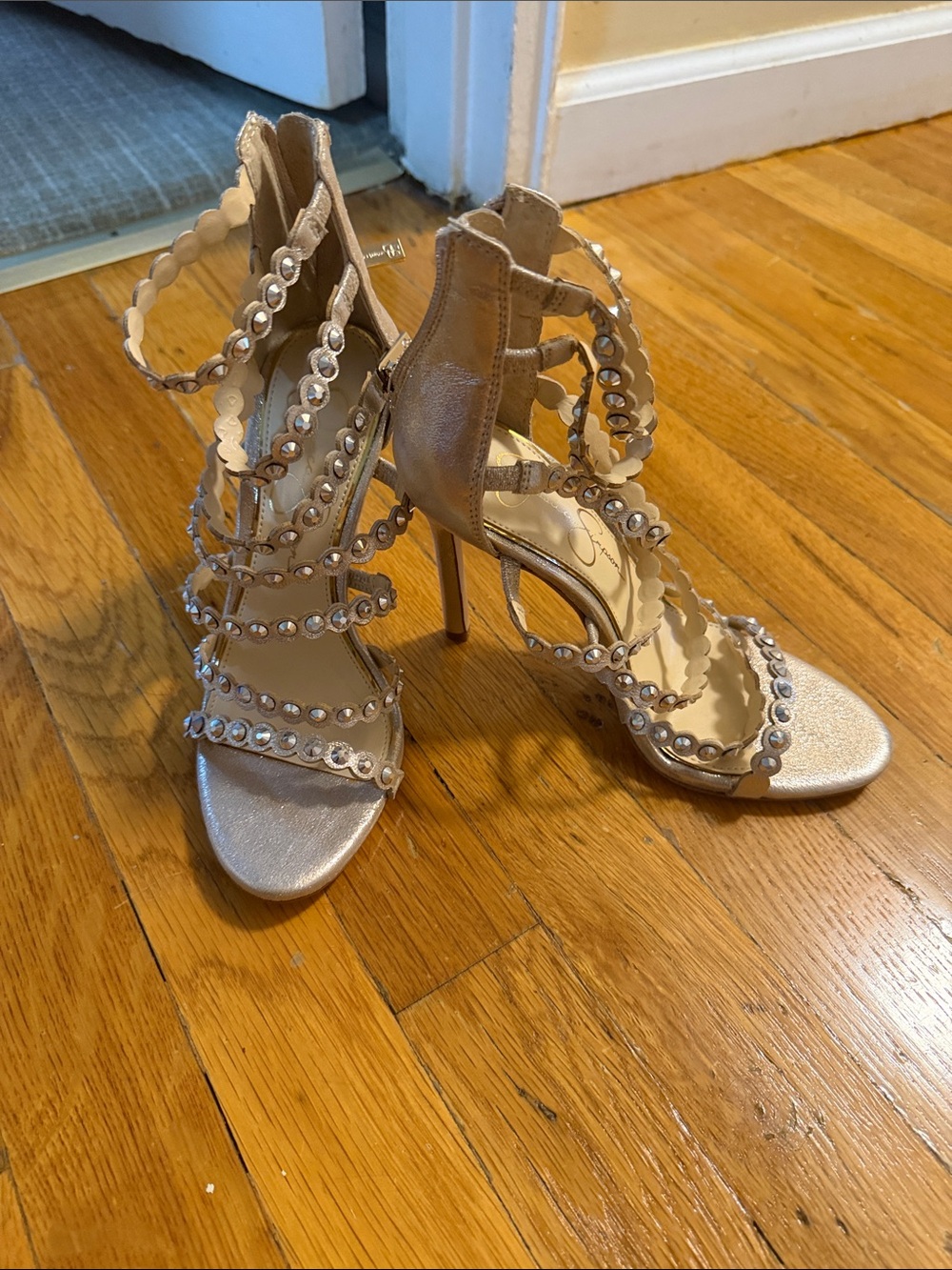 Jessica Simpson Champagne Rhinestone Strappy High Heels